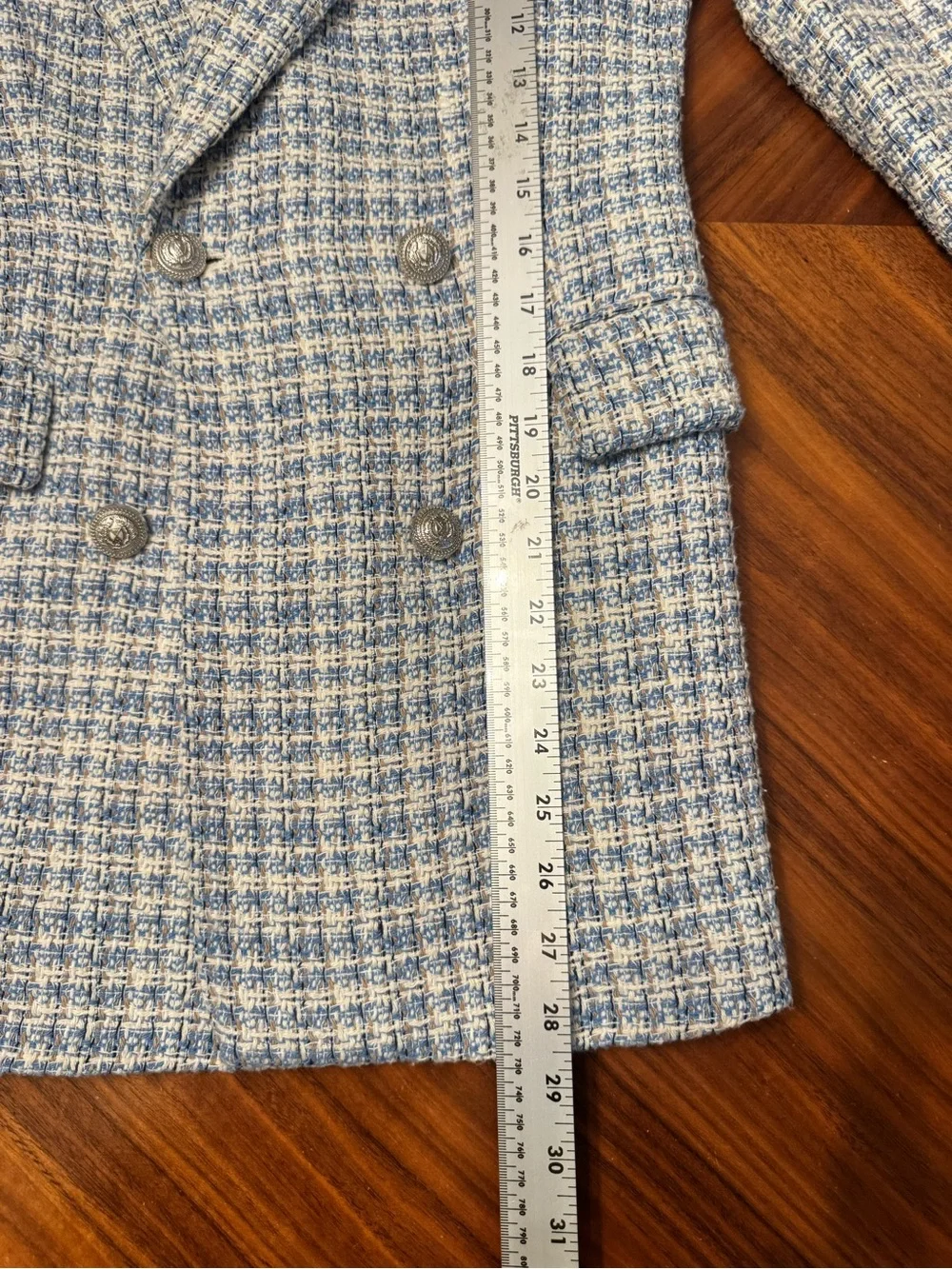Zara Blue White Tweed Double Breasted Blazer Bouclé Jacket Size S